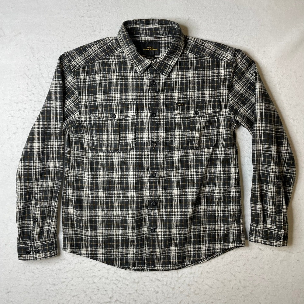 RVCA Andrew Reynolds Flannel Shirt Mens Small Black Plaid Long Sleeve Button Up